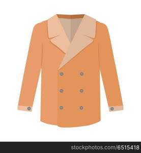Warm coat with wool collar. Elegant men s outerwear flat vector illustration isolated on white background. Luxury clothing for autumn or winter season and cold weather. For store ad, fashion concept. Warm Orange Men s Coat Flat Design Vector. Warm Orange Men s Coat Flat Design Vector