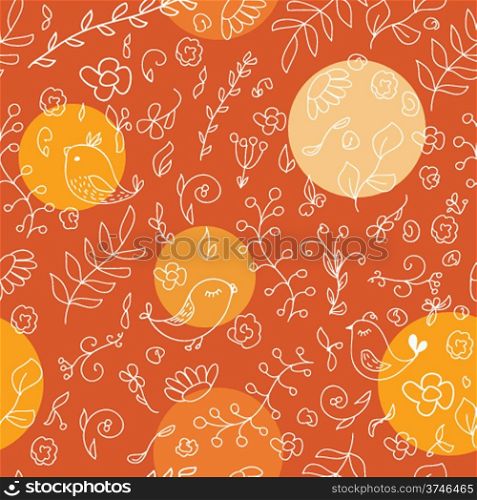 Warm colors seamless background with birds and flowers