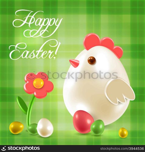 Warm Easter greetings postcard with traditional eggs, chicken and flowers over checkered background
