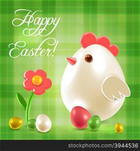 Warm Easter greetings postcard with traditional eggs, chicken and flowers over checkered background