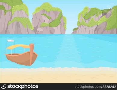 Warm exotic place to vacation flat color vector illustration. Tropical destination. High mountain ridges and ocean. Sunny 2D simple cartoon landscape with beautiful beach and boat on background. Warm exotic place to vacation flat color vector illustration