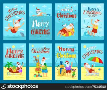 Warm holiday on plage with Santa Claus and monkey making snowman and fir-tree. Swimming in water and rexaling on tubing and going wake-boarding vector. Warm and Sunny Merry Christmas on Plage Vector