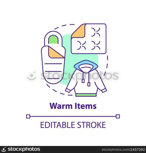 Warm items concept icon. Thing to store for surviving. Emergency preparedness abstract idea thin line illustration. Isolated outline drawing. Editable stroke. Arial, Myriad Pro-Bold fonts used. Warm items concept icon