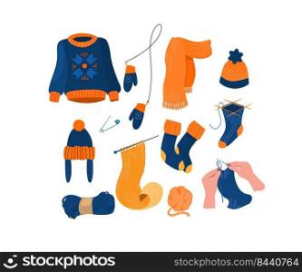 Warm knitted accessory and clothes set. Hands of knotting woman with needles, sweater, hat, mittens, scarf, yarn. Vector illustration for autumn, knitwear, handicraft concept