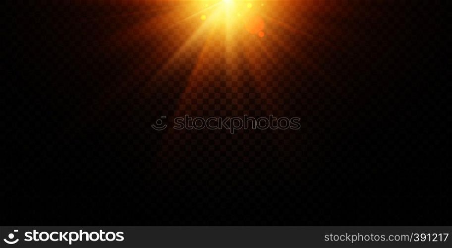 Warm light rays. Magic lights lens flare, sun flash and lamp flares. Sky beams reflection, sunset fiery glow or sun rays explosion isolated vector illustration. Warm light rays. Magic lights lens flare, sun flash and lamp flares isolated vector illustration