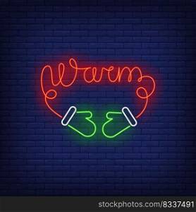 Warm neon lettering made of mittens string. Winter season, Christmas, frost design. Night bright neon sign, colorful billboard, light banner. Vector illustration in neon style.