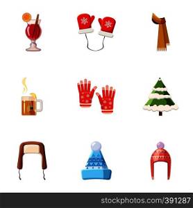Warm outfits icons set. Cartoon illustration of 9 warm outfits vector icons for web. Warm outfits icons set, cartoon style