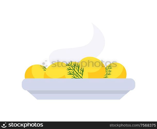 Warm potatoes on plate, holiday dish in flat style isolated on white. Yellow boiled food with parsley vector icon. Traditional cooked meal with greens. Boiled Warm Potatoes on Plate, Vegetables Vector