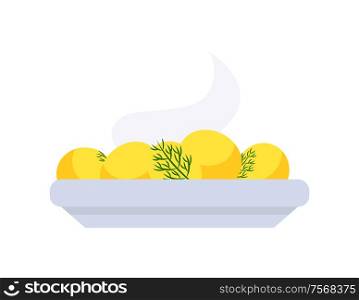 Warm potatoes on plate, holiday dish in flat style isolated on white. Yellow boiled food with parsley vector icon. Traditional cooked meal with greens. Boiled Warm Potatoes on Plate, Vegetables Vector