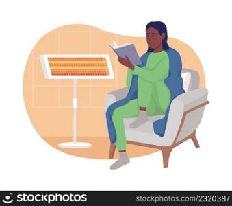 Warm room 2D vector isolated illustration. Coziness and comfort. Girl reading book flat character on cartoon background. Room heater colourful scene for mobile, website, presentation. Warm room 2D vector isolated illustration
