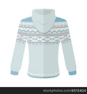 Warm Sweater with Ornaments Flat Design Vector. Warm sweater with turn-over collar and ornaments Elegant blue unisex wear flat vector isolated on white background. Clothing for autumn and winter seasons cold weather. For store ad, fashion concept. Warm Sweater with Ornaments Flat Design Vector