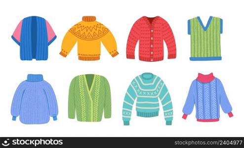 Warm sweaters. Winter clothes, knitted sweater and cardigan. Holiday cloth vector collection. Wool sweater clothes, winter pullover illustration. Warm sweaters. Winter clothes, knitted sweater and cardigan. Holiday cloth vector collection