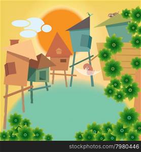 Warm village and cute animal with yellow sky and big sun background for greeting card