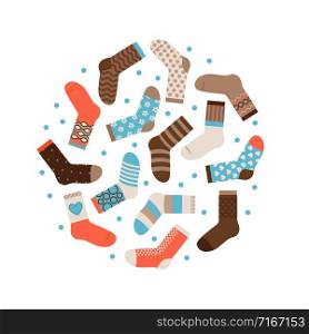Warm winter socks round vector concept isolated. Illustration of sock male, garment apparel warm. Warm winter socks round vector concept isolated