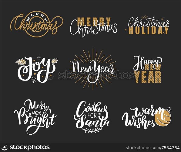 Warm wishes and happy Holidays, Merry Christmas lettering, hand drawn doodle text. Xmas typography font for greeting cards and creative postcards design, vector. Warm Wishes, Holidays Joy, Merry Christmas Lettering