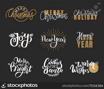 Warm wishes and happy Holidays, Merry Christmas lettering, hand drawn doodle text. Xmas typography font for greeting cards and creative postcards design, vector. Warm Wishes, Holidays Joy, Merry Christmas Lettering