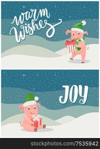 Warm wishes and joy greeting cards, piglets symbol of New Year with gift boxes, blue snowflakes. Pigs in green scarf and hat wishing Merry Christmas vector. Warm Wishes and Joy Greeting Cards, Piglets Symbol