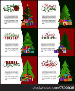 Warm wishes and Merry Christmas invitations. Decorated spruces and forest pines, vector lettering inscriptions. Green Xmas trees and piles of gifts beneath. Merry Christmas Invitations Templates Xmas Trees