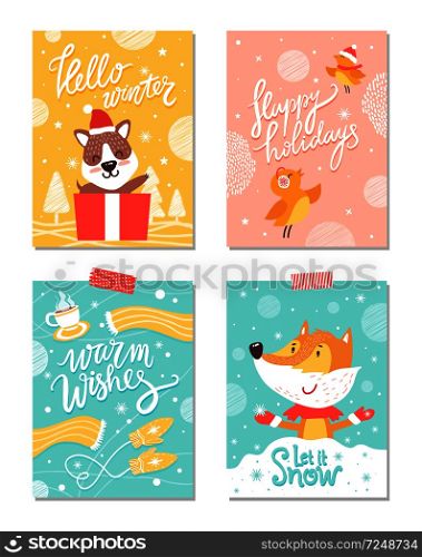 Warm wishes, merry Christmas, happy holidays and let it snow, posters with puppy, fox wearing gloves, flying birds, cup and scarf vector illustration. Warm Wishes Merry Christmas Vector Illustration