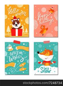 Warm wishes, merry Christmas, happy holidays and let it snow, posters with puppy, fox wearing gloves, flying birds, cup and scarf vector illustration. Warm Wishes Merry Christmas Vector Illustration