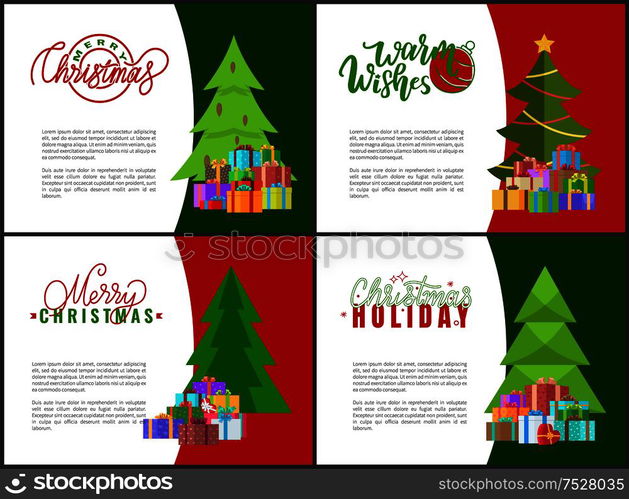 Warm wishes on Christmas holidays greeting cards templates with evergreen Xmas trees and piles of wrapped presents packed in boxes. Heap of gifts vector. Warm Wishes on Christmas Holidays Greeting Cards