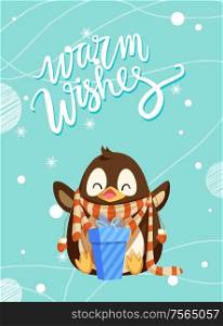 Warm wishes penguin in scarf and blue present gift box. Arctic bird in winter clothes with present box. Animal celebrating holiday greeting card with snowflakes. Warm Wishes Penguin in Scarf and Present Gift Box