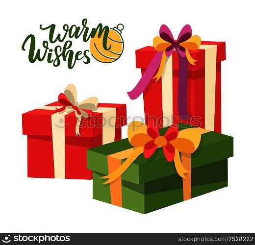 Warm wishes , wrapped Xmas presents icons isolated. Vector package boxes, stripes decorations, surprise on New Year holidays, topped by bow packs. Merry Christmas Wrapped Xmas Presents Boxes Icons