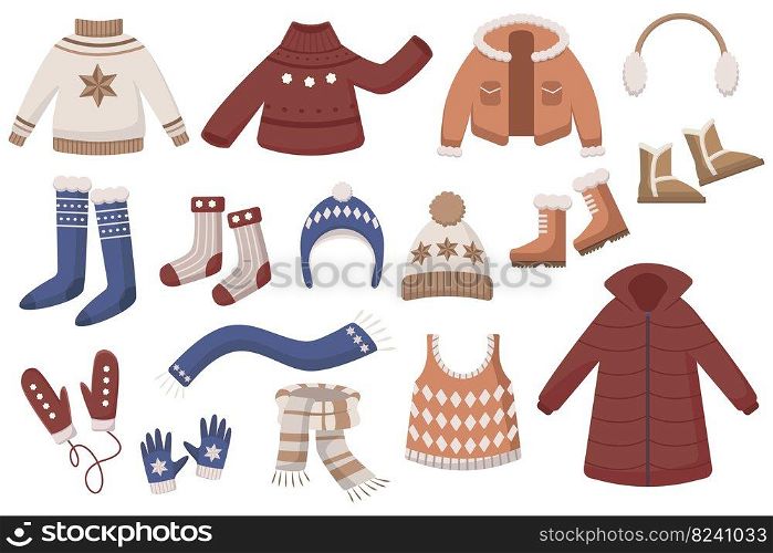 Warm woolen clothes vector illustrations set. Cute cartoon doodles with female winter wear, sweaters or jumpers, boots, hats, scarves, gloves and mittens, jacket, coat, socks. Seasons, fashion concept