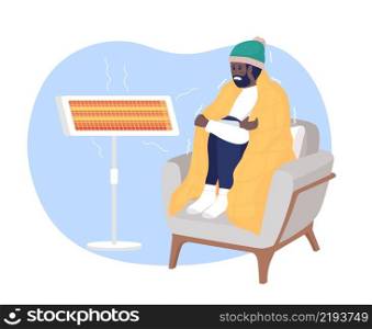 Warming at home 2D vector isolated illustration. Freezing man sitting in armchair flat characters on cartoon background. Cold weather. Everyday situation and daily life colourful scene. Warming at home 2D vector isolated illustration