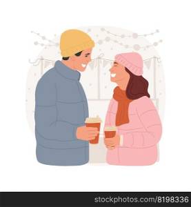 Warming drinks isolated cartoon vector illustration. Cheerful happy couple walking with hot coffee, winter holidays, Christmas market, spending xmas time together vector cartoon.. Warming drinks isolated cartoon vector illustration.