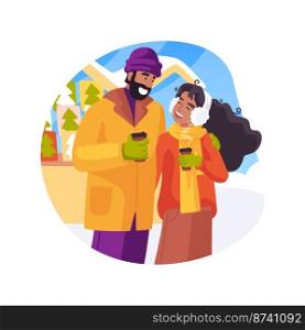 Warming drinks isolated cartoon vector illustration. Cheerful happy couple walking with hot coffee, winter holidays, Christmas market, spending xmas time together vector cartoon.. Warming drinks isolated cartoon vector illustration.