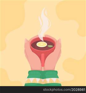 Warming on cup of black lemon tea flat color vector illustration. Steaming hot drink with mint and citrus. Taking mug of aromatic beverage 2D cartoon first view hand with abstract background. Warming on cup of black lemon tea flat color vector illustration