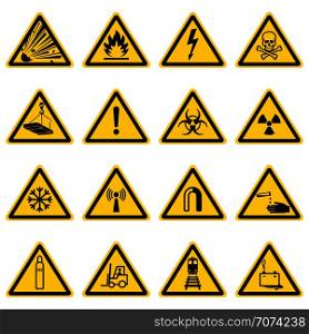 Warning and hazard symbols on yellow triangles vector collection. Safety and caution, risk alert information illustration. Warning and hazard symbols on yellow triangles vector collection