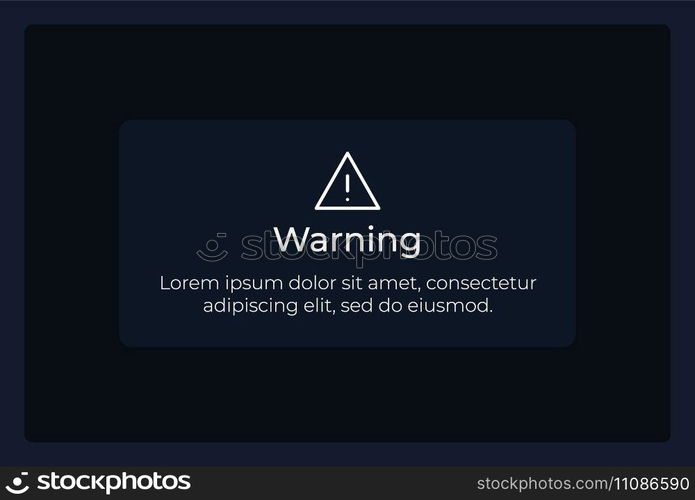 Warning message UI element template. Editable isolated vector dashboard component. Flat user interface. Visual data presentation. Web design widget for mobile application with dark theme. Warning message UI element template