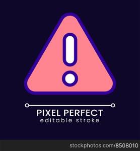 Warning pixel perfect RGB color icon for dark theme. Risky and hazardous situation. Accident prevention. Simple filled line drawing on night mode background. Editable stroke. Poppins font used. Warning pixel perfect RGB color icon for dark theme