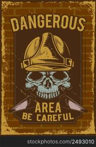 Warning poster design with illustration of skull with a helmet.