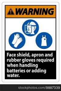 Warning Sign Face Shield, Apron And Rubber Gloves Required When Handling Batteries or Adding Water With PPE Symbols 