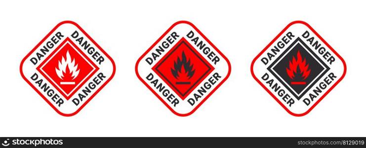 Warning sign flammable liquids or materials. Flammable substances icons set. Vector icons