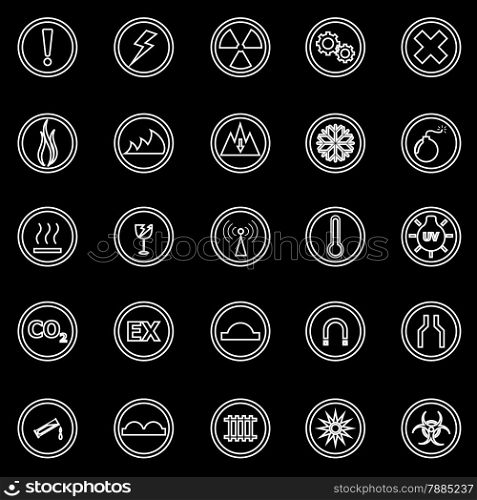 Warning sign line icons on black background, stock vector