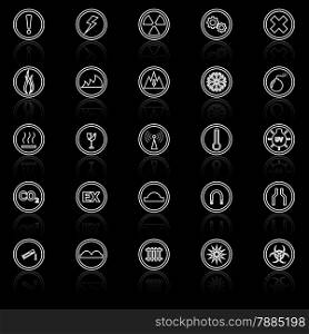 Warning sign line icons with reflect on black background, stock vector