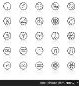 Warning sign line icons with reflect on white background, stock vector