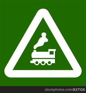 Warning sign railway crossing without barrier icon white isolated on green background. Vector illustration. Warning sign railway crossing without barrier icon green