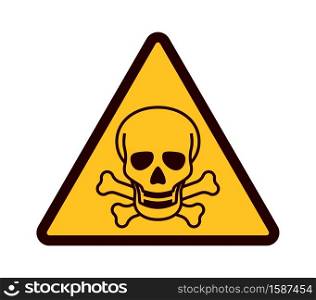 Warning sign with skull. Yellow triangle with black attention symbol, dangerous area emblem, chemical mortal pollution industrial zone pictogram, beware hazards flat vector isolated illustration. Warning sign with skull. Yellow triangle with black attention symbol, dangerous area emblem, pollution industrial zone pictogram, beware hazards flat vector isolated illustration