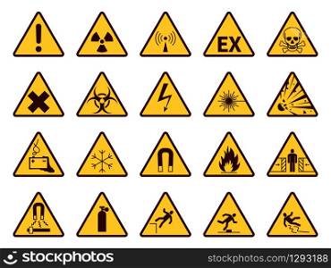 Warning signs. Yellow triangle alerts symbols, attention chemical, flammable and radiation danger, accident exclamation safety caution vector icons. Warning signs. Yellow triangle alerts symbols, attention chemical, flammable and radiation danger, accident exclamation caution vector icons