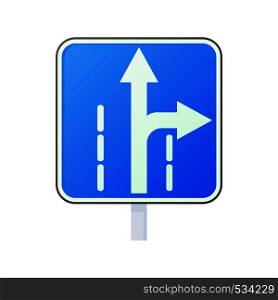 Warning traffic sign drive straight or right icon in cartoon style on a white background. Warning traffic sign drive straight or right icon