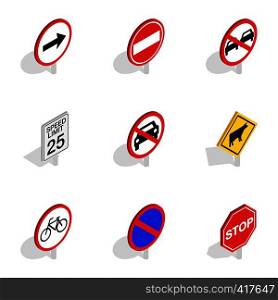 Warning traffic sign icons set. Isometric 3d illustration of 9 warning traffic sign vector icons for web. Warning traffic sign icons, isometric 3d style