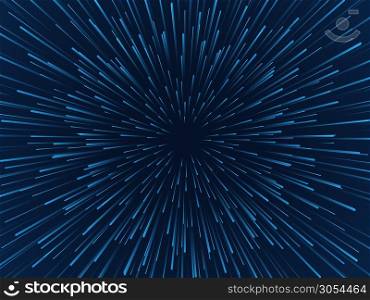 Warp stars. Fast movement, hyperspace moving stars in gravitational field, space traveling tunnel. Futuristic neon particles vector beam speed explosion concept. Warp stars. Fast movement, hyperspace moving stars in gravitational field, space traveling tunnel. Futuristic neon particles vector concept