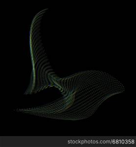 warped parametric surface shape. vector glitch green yellow warped parametric shape abstract fish waves black background decoration