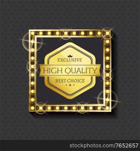 Warranty for high quality of production vector, isolated badge made of gold. Label in golden frame, framed banner with inscription, emblem advertisement. Best Quality and Exclusive Price Banner Warranty