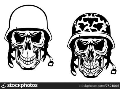 Warrior and pilot skulls in military helmets